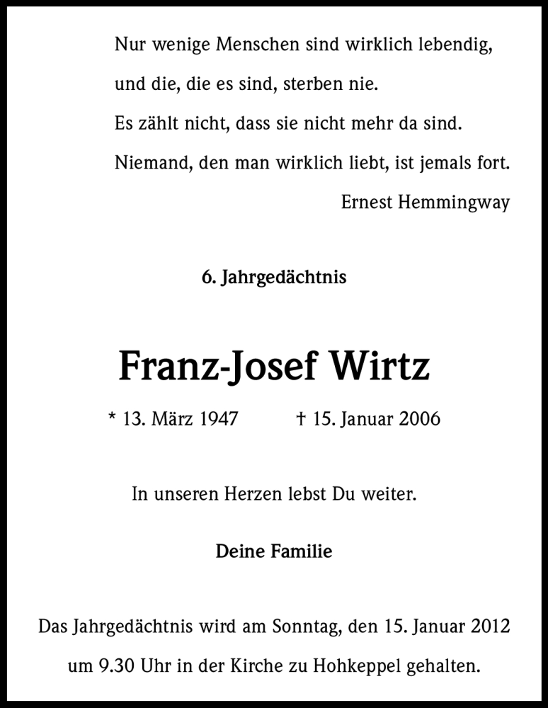 Traueranzeige für Franz-Josef Wirtz vom 14.01.2012 aus Kölner Stadt-Anzeiger / Kölnische Rundschau / Express