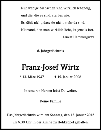 Anzeige von Franz-Josef Wirtz von Kölner Stadt-Anzeiger / Kölnische Rundschau / Express