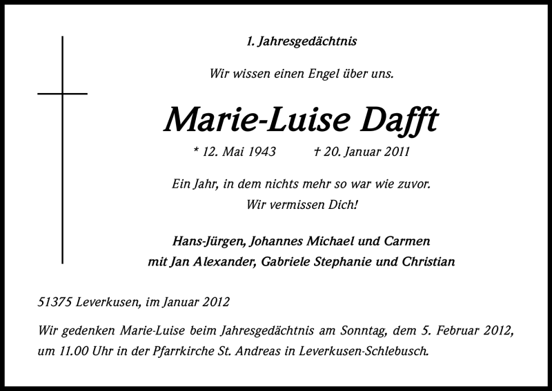  Traueranzeige für Marie-Luise Dafft vom 20.01.2012 aus Kölner Stadt-Anzeiger / Kölnische Rundschau / Express