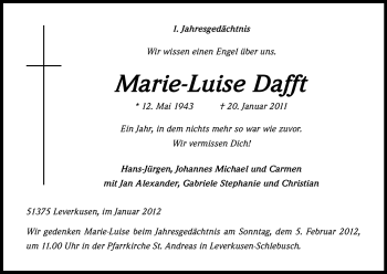 Anzeige von Marie-Luise Dafft von Kölner Stadt-Anzeiger / Kölnische Rundschau / Express