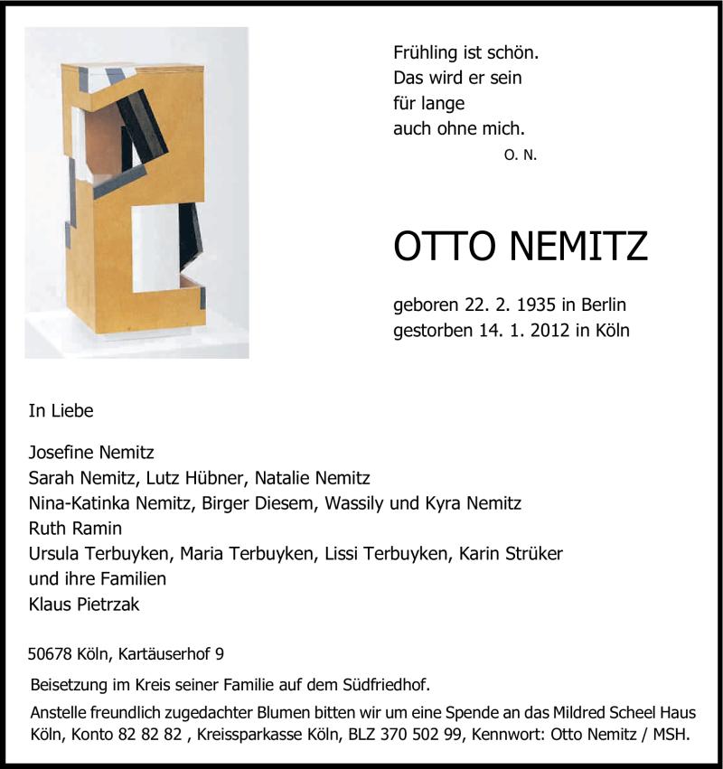  Traueranzeige für Otto Nemitz vom 18.01.2012 aus Kölner Stadt-Anzeiger / Kölnische Rundschau / Express