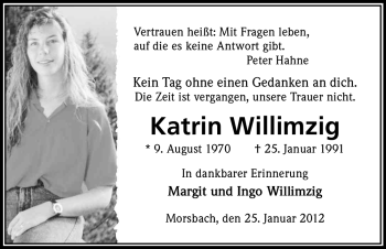 Anzeige von Katrin Willimzig von Kölner Stadt-Anzeiger / Kölnische Rundschau / Express