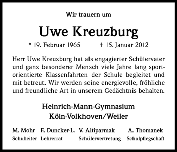 Anzeige von Uwe Kreuzburg von Kölner Stadt-Anzeiger / Kölnische Rundschau / Express