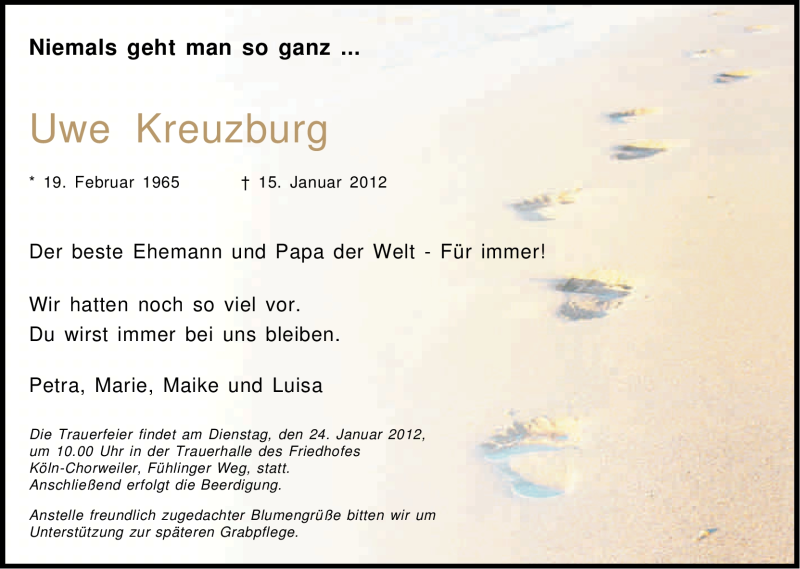  Traueranzeige für Uwe Kreuzburg vom 21.01.2012 aus Kölner Stadt-Anzeiger / Kölnische Rundschau / Express