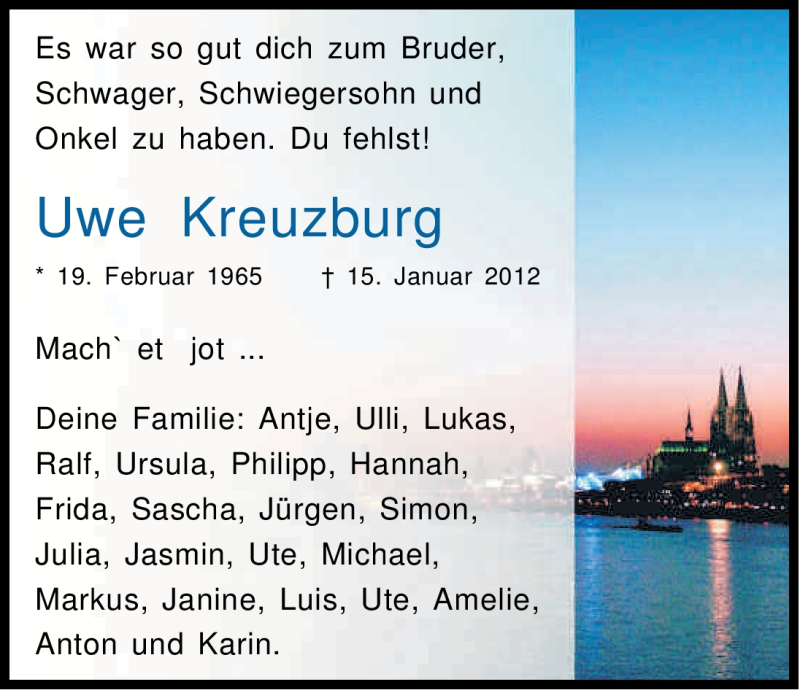  Traueranzeige für Uwe Kreuzburg vom 21.01.2012 aus Kölner Stadt-Anzeiger / Kölnische Rundschau / Express