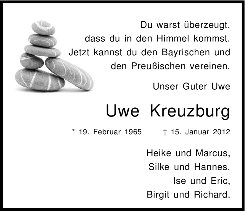  Traueranzeige für Uwe Kreuzburg vom 21.01.2012 aus Kölner Stadt-Anzeiger / Kölnische Rundschau / Express