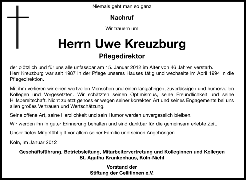  Traueranzeige für Uwe Kreuzburg vom 21.01.2012 aus Kölner Stadt-Anzeiger / Kölnische Rundschau / Express