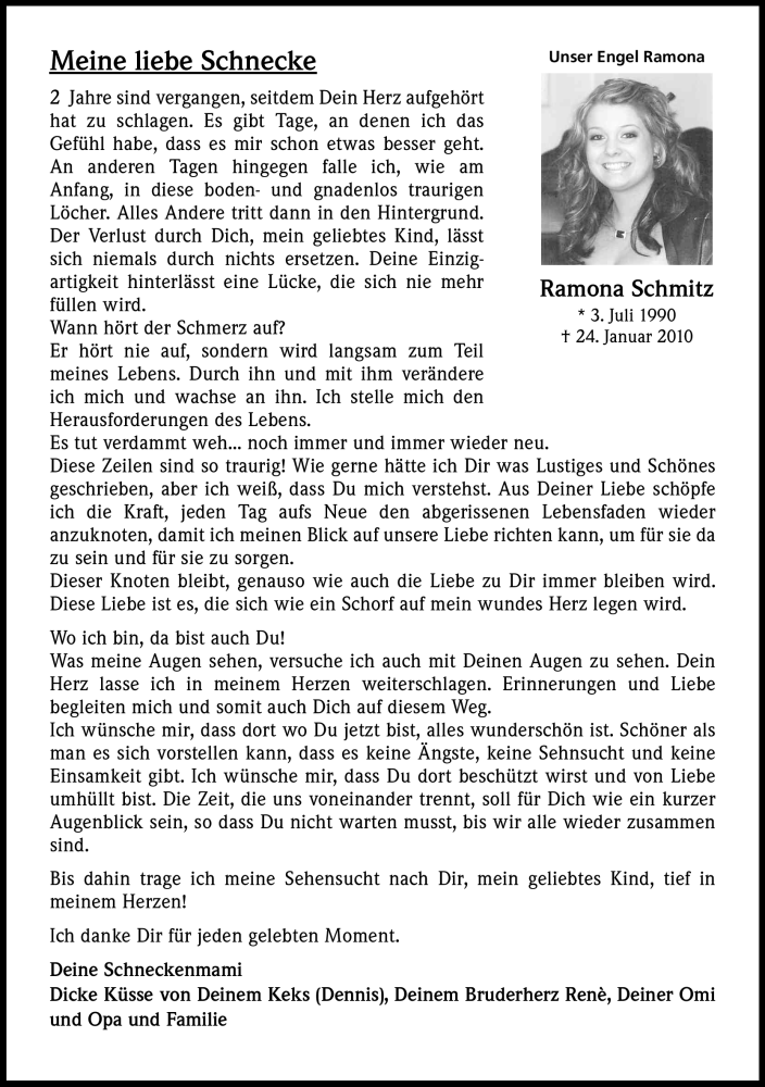  Traueranzeige für Ramona Schmitz vom 24.01.2012 aus Kölner Stadt-Anzeiger / Kölnische Rundschau / Express