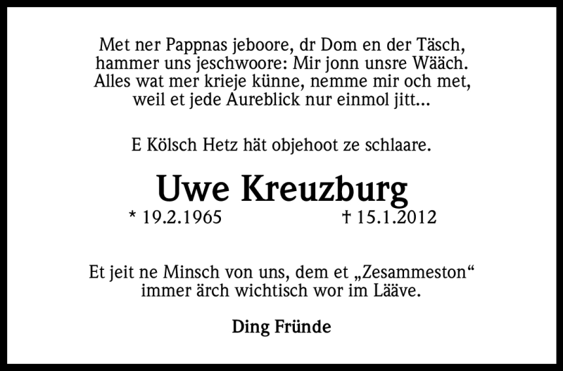  Traueranzeige für Uwe Kreuzburg vom 21.01.2012 aus Kölner Stadt-Anzeiger / Kölnische Rundschau / Express