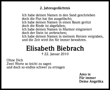 Anzeige von Elisabeth Biebrach von Kölner Stadt-Anzeiger / Kölnische Rundschau / Express