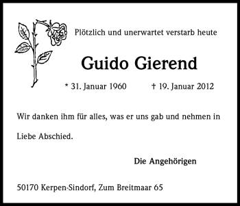 Anzeige von Guido Gierend von Kölner Stadt-Anzeiger / Kölnische Rundschau / Express