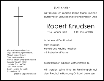 Anzeige von Robert Knudsen von Kölner Stadt-Anzeiger / Kölnische Rundschau / Express