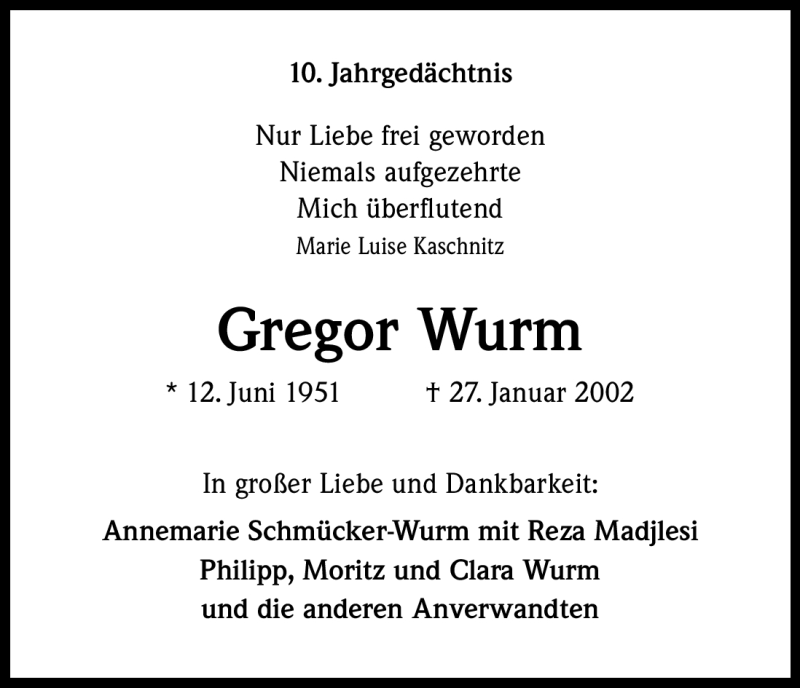  Traueranzeige für Gregor Wurm vom 28.01.2012 aus Kölner Stadt-Anzeiger / Kölnische Rundschau / Express
