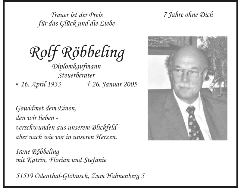  Traueranzeige für Rolf Röbbeling vom 26.01.2012 aus Kölner Stadt-Anzeiger / Kölnische Rundschau / Express