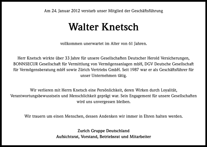  Traueranzeige für Walter Knetsch vom 28.01.2012 aus Kölner Stadt-Anzeiger / Kölnische Rundschau / Express