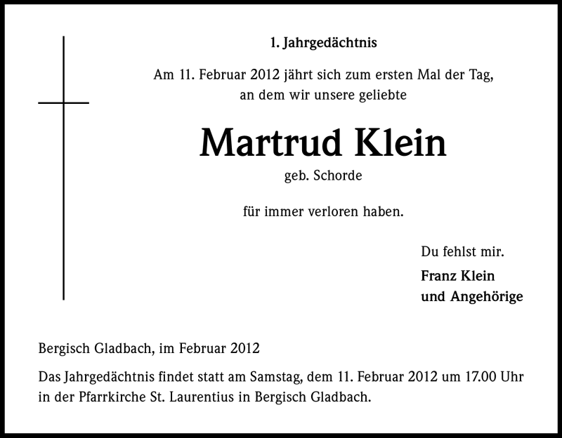  Traueranzeige für Martrud Klein vom 04.02.2012 aus Kölner Stadt-Anzeiger / Kölnische Rundschau / Express