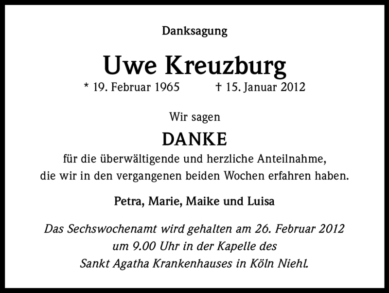  Traueranzeige für Uwe Kreuzburg vom 28.01.2012 aus Kölner Stadt-Anzeiger / Kölnische Rundschau / Express