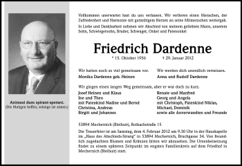 Anzeige von Fritz Dardenne von Kölner Stadt-Anzeiger / Kölnische Rundschau / Express