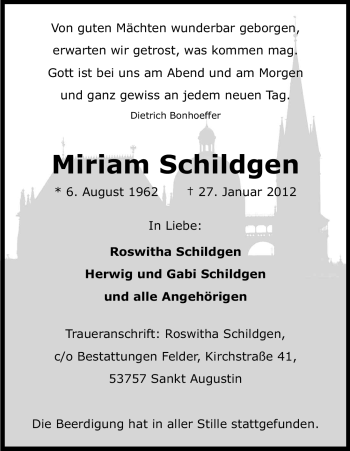 Anzeige von Miriam Schildgen von Kölner Stadt-Anzeiger / Kölnische Rundschau / Express