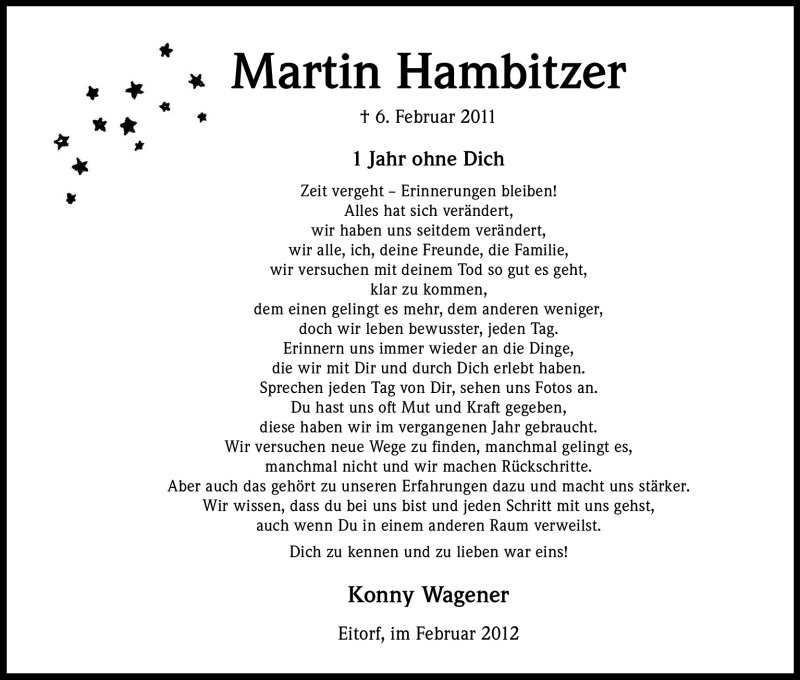  Traueranzeige für Martin Hambitzer vom 06.02.2012 aus Kölner Stadt-Anzeiger / Kölnische Rundschau / Express