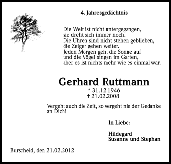 Anzeige von Gerhard Ruttmann von Kölner Stadt-Anzeiger / Kölnische Rundschau / Express