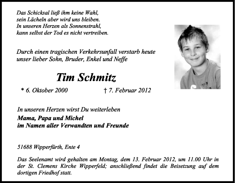  Traueranzeige für Tim Schmitz vom 10.02.2012 aus Kölner Stadt-Anzeiger / Kölnische Rundschau / Express