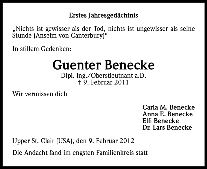  Traueranzeige für Guenter Benecke vom 11.02.2012 aus Kölner Stadt-Anzeiger / Kölnische Rundschau / Express