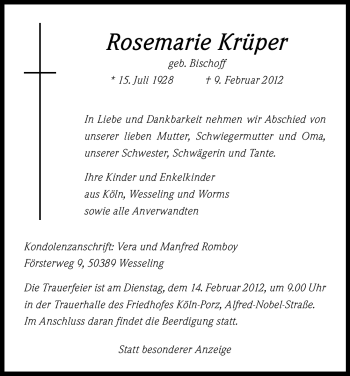 Anzeige von Rosemarie Krüper von Kölner Stadt-Anzeiger / Kölnische Rundschau / Express