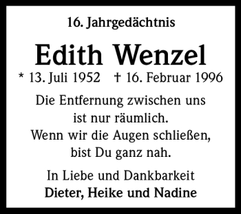 Anzeige von Edith Wenzel von Kölner Stadt-Anzeiger / Kölnische Rundschau / Express