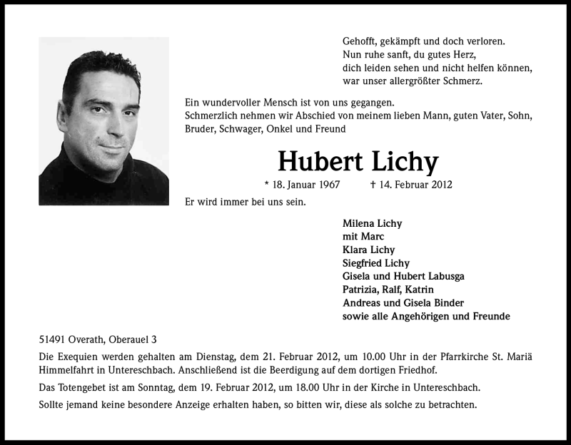  Traueranzeige für Hubert Lichy vom 18.02.2012 aus Kölner Stadt-Anzeiger / Kölnische Rundschau / Express