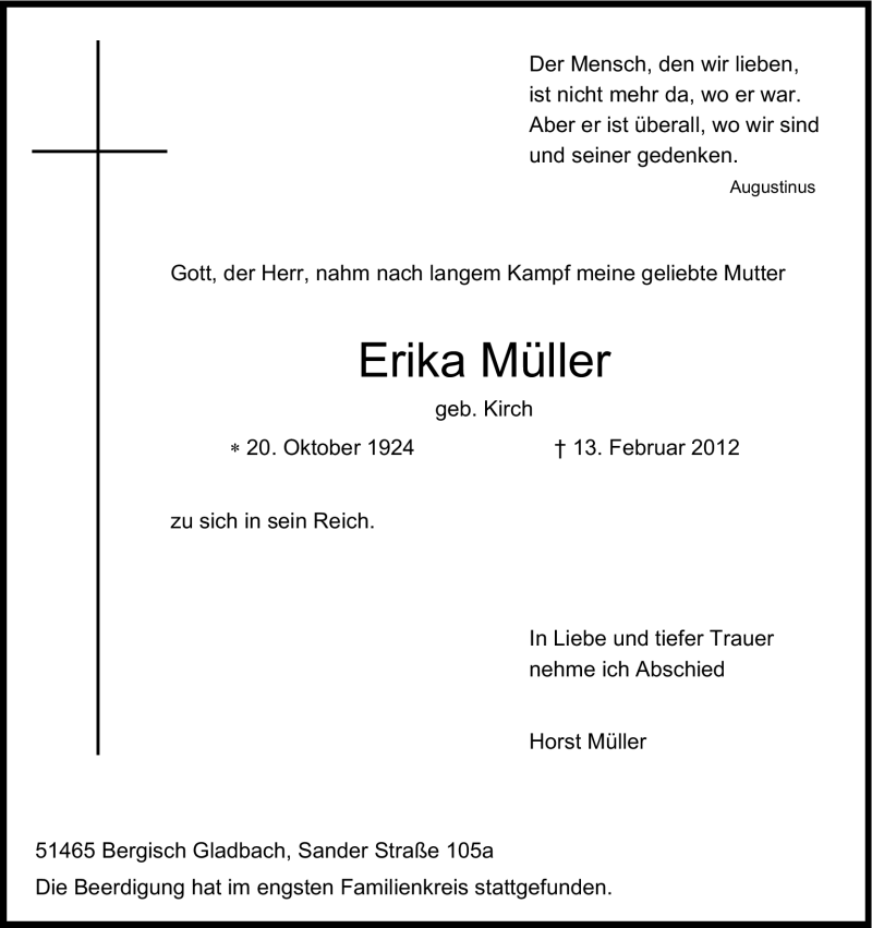  Traueranzeige für Erika Müller vom 22.02.2012 aus Kölner Stadt-Anzeiger / Kölnische Rundschau / Express