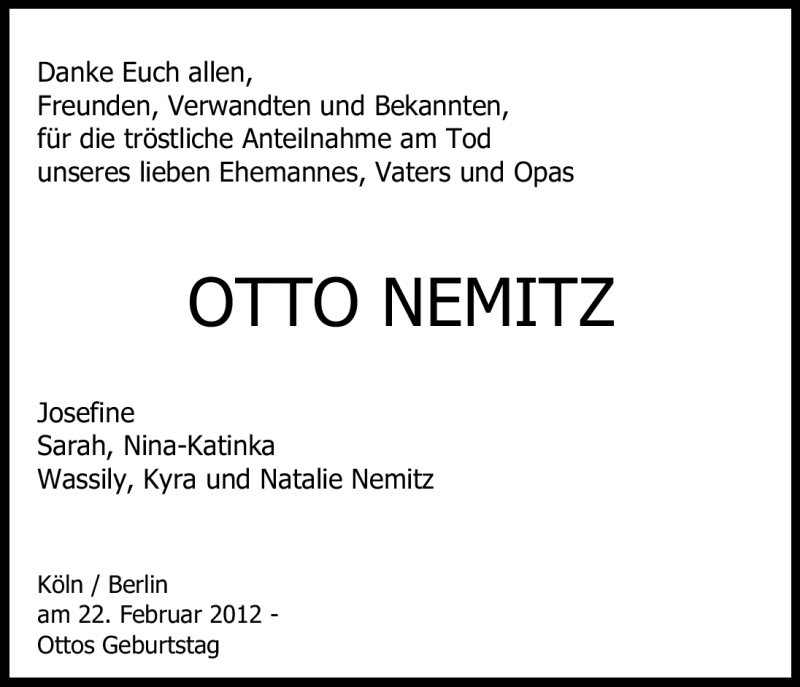  Traueranzeige für Otto Nemitz vom 22.02.2012 aus Kölner Stadt-Anzeiger / Kölnische Rundschau / Express