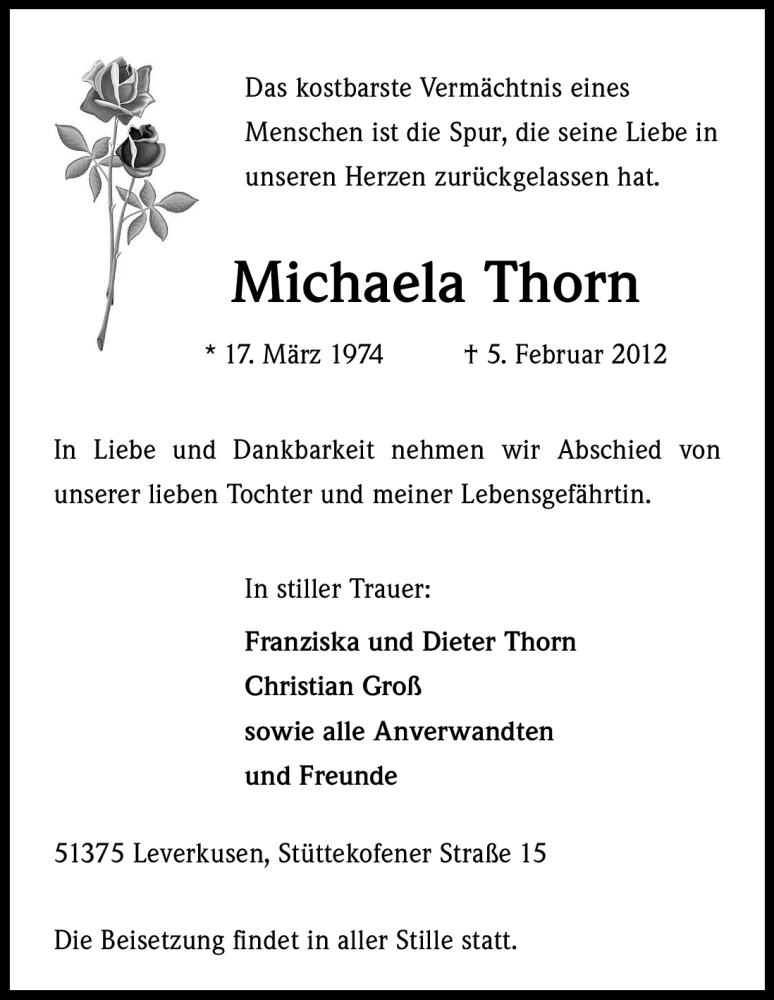  Traueranzeige für Michaela Thorn vom 18.02.2012 aus Kölner Stadt-Anzeiger / Kölnische Rundschau / Express