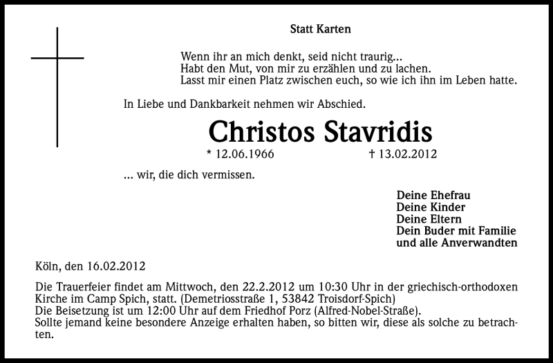  Traueranzeige für Christos Stavridis vom 18.02.2012 aus Kölner Stadt-Anzeiger / Kölnische Rundschau / Express