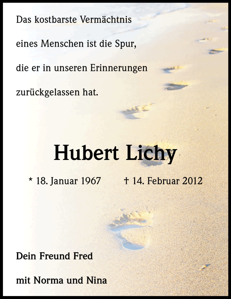 Traueranzeige für Hubert Lichy vom 18.02.2012 aus Kölner Stadt-Anzeiger / Kölnische Rundschau / Express