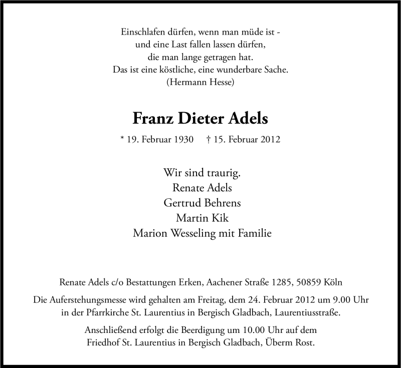  Traueranzeige für Franz Dieter Adels vom 18.02.2012 aus Kölner Stadt-Anzeiger / Kölnische Rundschau / Express