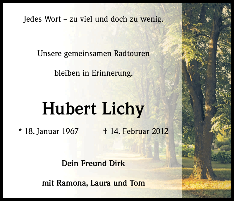  Traueranzeige für Hubert Lichy vom 18.02.2012 aus Kölner Stadt-Anzeiger / Kölnische Rundschau / Express