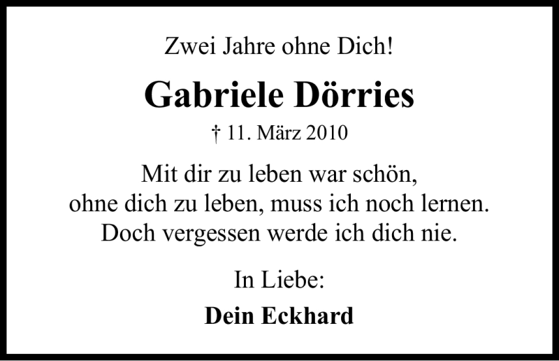  Traueranzeige für Gabriele Dörries vom 10.03.2012 aus Kölner Stadt-Anzeiger / Kölnische Rundschau / Express