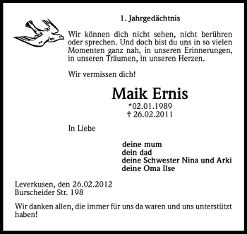 Anzeige von Maik Ernis von Kölner Stadt-Anzeiger / Kölnische Rundschau / Express