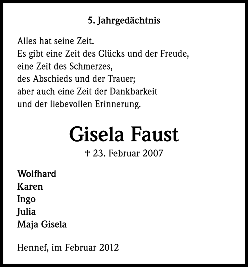  Traueranzeige für Gisela Faust vom 23.02.2012 aus Kölner Stadt-Anzeiger / Kölnische Rundschau / Express