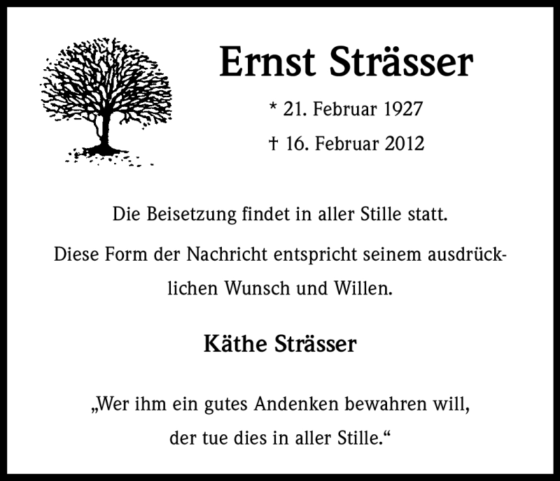  Traueranzeige für Ernst Strässer vom 25.02.2012 aus Kölner Stadt-Anzeiger / Kölnische Rundschau / Express