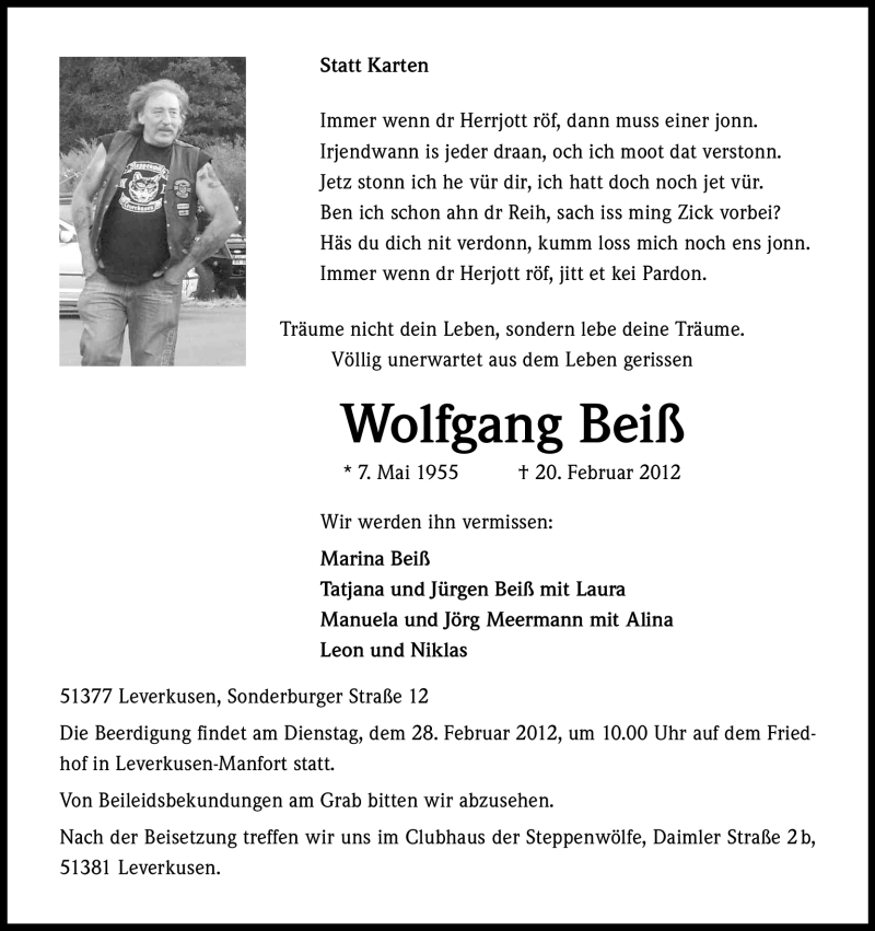  Traueranzeige für Wolfgang Beiß vom 24.02.2012 aus Kölner Stadt-Anzeiger / Kölnische Rundschau / Express