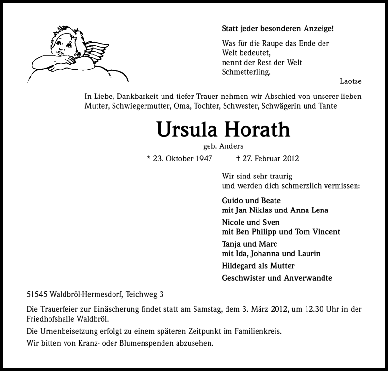 Traueranzeige für Ursula Horath vom 29.02.2012 aus Kölner Stadt-Anzeiger / Kölnische Rundschau / Express