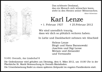 Anzeige von Karl Lenze von Kölner Stadt-Anzeiger / Kölnische Rundschau / Express
