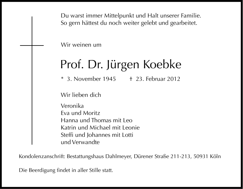  Traueranzeige für Jürgen Koebke vom 03.03.2012 aus Kölner Stadt-Anzeiger / Kölnische Rundschau / Express