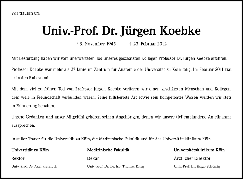  Traueranzeige für Jürgen Koebke vom 03.03.2012 aus Kölner Stadt-Anzeiger / Kölnische Rundschau / Express