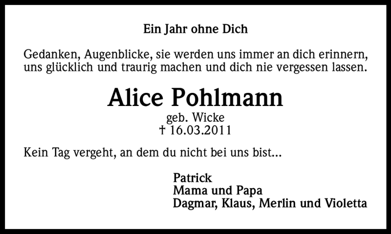  Traueranzeige für Alice Pohlmann vom 16.03.2012 aus Kölner Stadt-Anzeiger / Kölnische Rundschau / Express