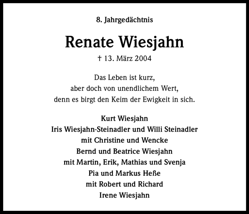  Traueranzeige für Renate Wiesjahn vom 13.03.2012 aus Kölner Stadt-Anzeiger / Kölnische Rundschau / Express