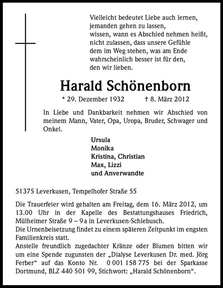  Traueranzeige für Harald Schönenborn vom 13.03.2012 aus Kölner Stadt-Anzeiger / Kölnische Rundschau / Express