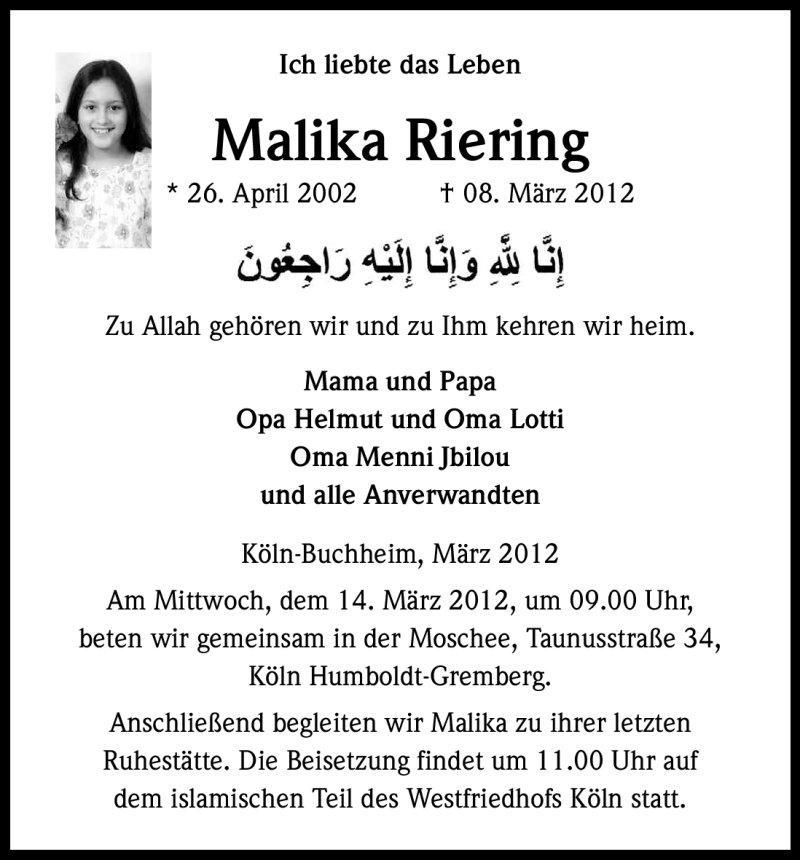  Traueranzeige für Malika Riering vom 13.03.2012 aus Kölner Stadt-Anzeiger / Kölnische Rundschau / Express